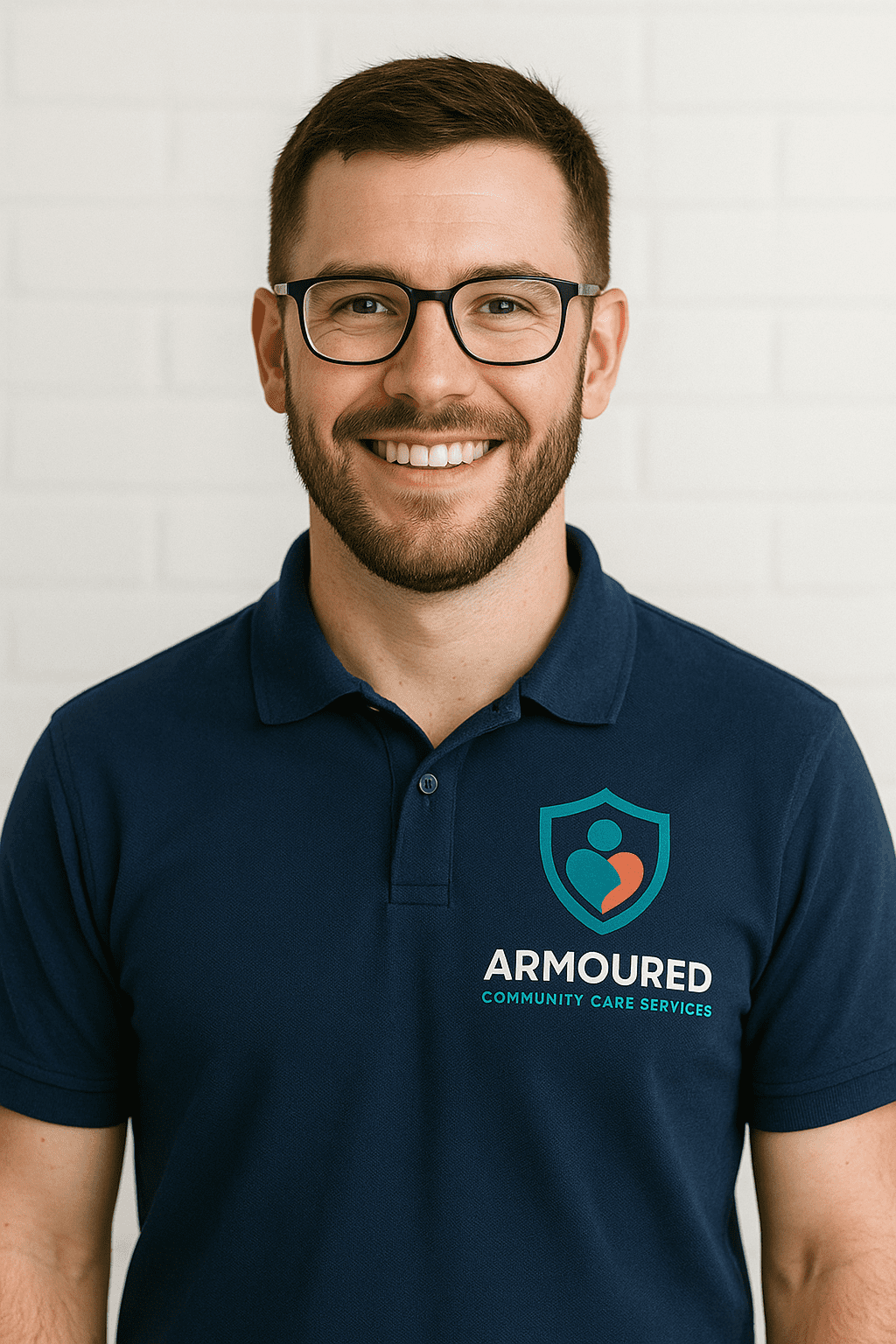 Armoured Community Care Staff with smile against a white brick wall